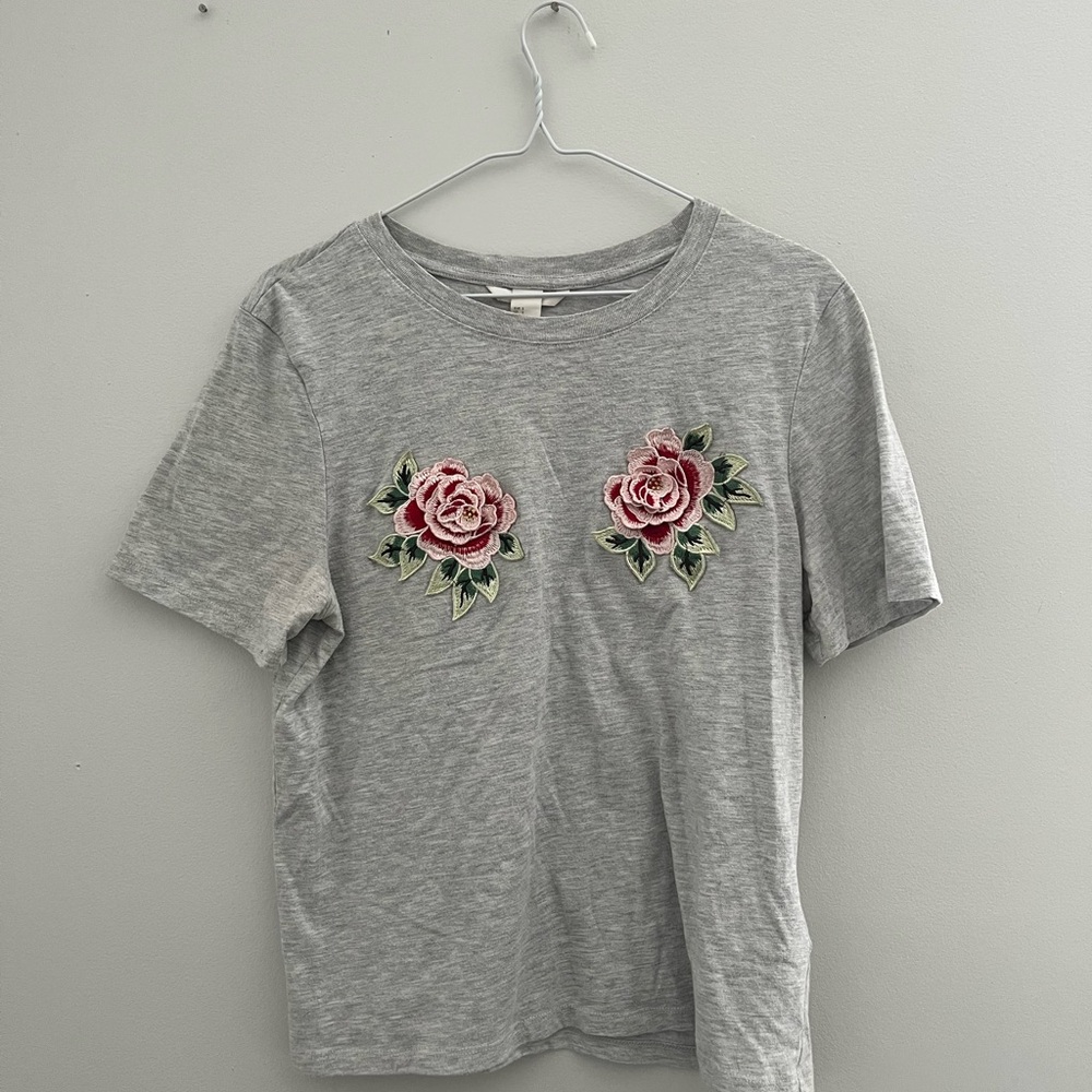 Gray T-Shirt with Floral Embroidery